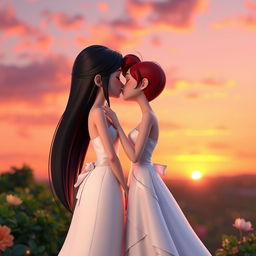 In a vibrant 3D animated sunset scene, two girls are depicted as a romantic couple: one with fair skin and long, silky black hair dressed in an elegant white dress, and the other with short, striking red hair representing her mixed Korean and French heritage, also in a beautiful white dress