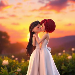 In a vibrant 3D animated sunset scene, two girls are depicted as a romantic couple: one with fair skin and long, silky black hair dressed in an elegant white dress, and the other with short, striking red hair representing her mixed Korean and French heritage, also in a beautiful white dress