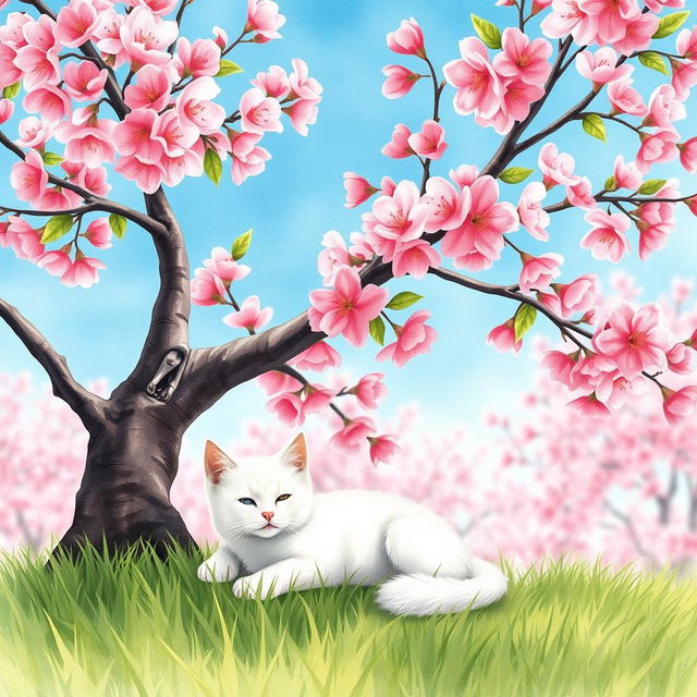 A very small white cat lounging under a full, blooming cherry tree on a bright sunny day