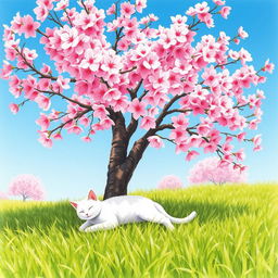 A very small white cat lounging under a full, blooming cherry tree on a bright sunny day