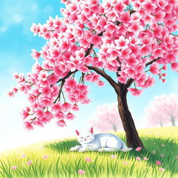 A very small white cat lounging under a full, blooming cherry tree on a bright sunny day