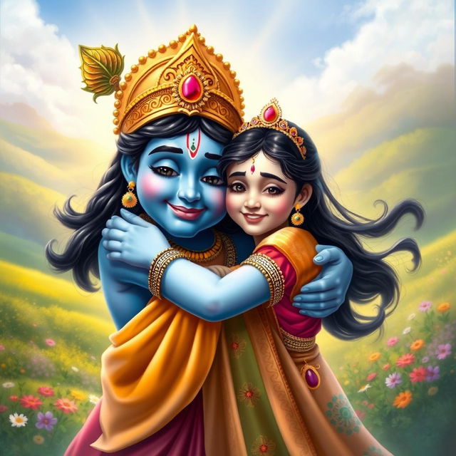 A heartwarming scene of Lord Krishna, characterized by his divine blue skin and wearing an elaborate golden crown, embracing a young Hindu girl in a colorful traditional saree