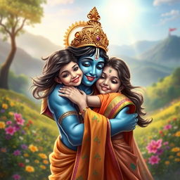 A heartwarming scene of Lord Krishna, characterized by his divine blue skin and wearing an elaborate golden crown, embracing a young Hindu girl in a colorful traditional saree