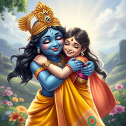 A heartwarming scene of Lord Krishna, characterized by his divine blue skin and wearing an elaborate golden crown, embracing a young Hindu girl in a colorful traditional saree