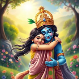 A heartwarming scene of Lord Krishna, characterized by his divine blue skin and wearing an elaborate golden crown, embracing a young Hindu girl in a colorful traditional saree