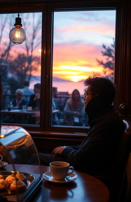 A thought-provoking scene depicting a cozy cafe setting with a window overlooking a beautiful sunset