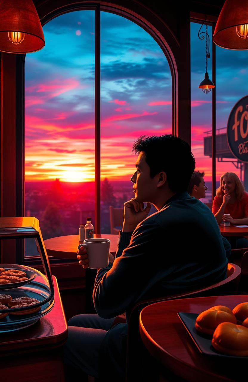 A thought-provoking scene depicting a cozy cafe setting with a window overlooking a beautiful sunset