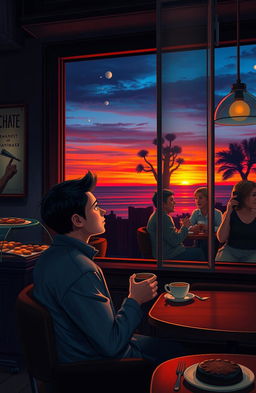 A thought-provoking scene depicting a cozy cafe setting with a window overlooking a beautiful sunset