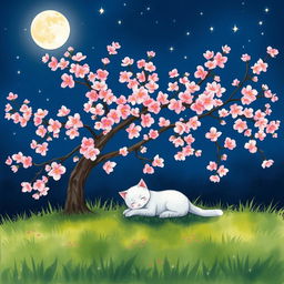 A very small white cat peacefully lying under a fully blossomed cherry tree on a serene night