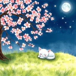A very small white cat peacefully lying under a fully blossomed cherry tree on a serene night