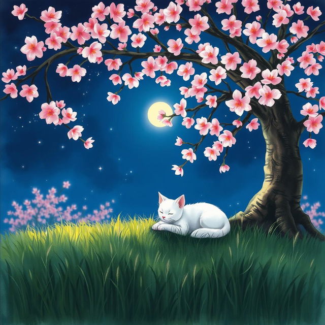 A very small white cat peacefully lying under a fully blossomed cherry tree on a serene night