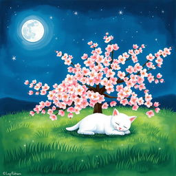 A very small white cat peacefully lying under a fully blossomed cherry tree on a serene night