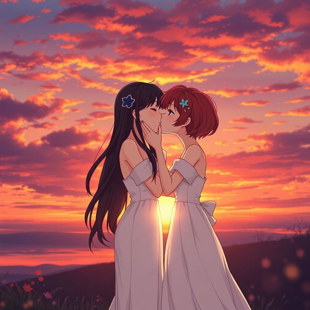 In a captivating anime-style sunset scene, two girls are depicted as a romantic couple: one with fair skin and long, flowing black hair, wearing an elegant white dress, and the other with short, fiery red hair representing her mixed Korean and French heritage, also dressed in a beautiful white dress