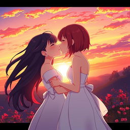 In a captivating anime-style sunset scene, two girls are depicted as a romantic couple: one with fair skin and long, flowing black hair, wearing an elegant white dress, and the other with short, fiery red hair representing her mixed Korean and French heritage, also dressed in a beautiful white dress