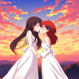In a captivating anime-style sunset scene, two girls are depicted as a romantic couple: one with fair skin and long, flowing black hair, wearing an elegant white dress, and the other with short, fiery red hair representing her mixed Korean and French heritage, also dressed in a beautiful white dress