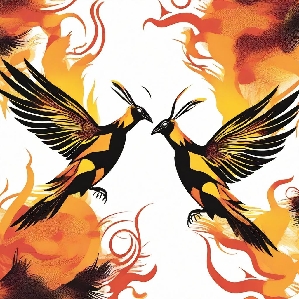 A dynamic scene showcasing a vibrant hornet and a flaming phoenix in interaction