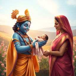 A heartwarming scene of Lord Krishna gracefully handing a baby girl to her delighted parents