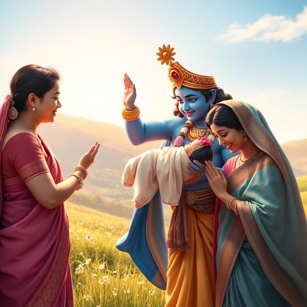 A heartwarming scene of Lord Krishna gracefully handing a baby girl to her delighted parents