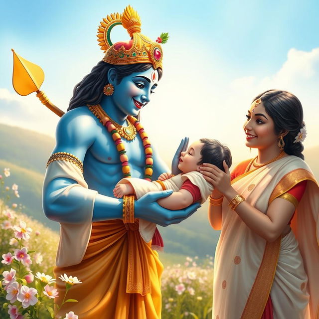 A heartwarming scene of Lord Krishna gracefully handing a baby girl to her delighted parents