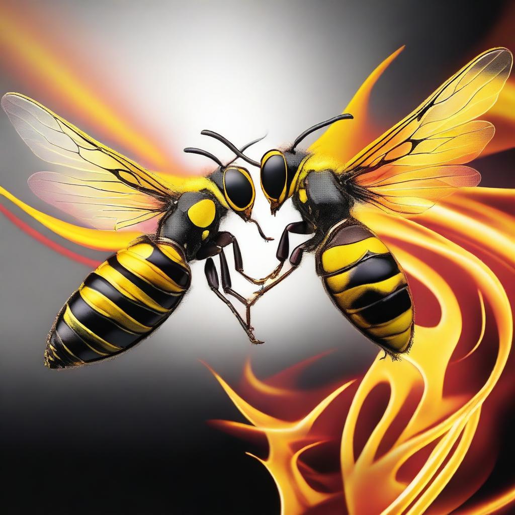 A striking image featuring a vibrant hornet and a fiery phoenix