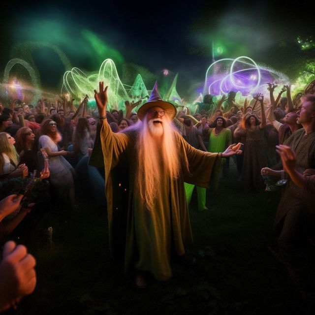 Gandalf the wizard exuberantly partying at a vibrant outdoor rave on lush, green grassland, with a backdrop of psychedelic lights and joyful crowd.