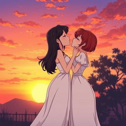 In an 80's anime-style sunset scene, two girls are depicted as a romantic couple: one with fair skin and long, flowing black hair styled in a classic 80's anime fashion, dressed in an elegant white dress, and the other with short, vibrant red hair representing her mixed Korean and French heritage, also wearing a beautiful white dress