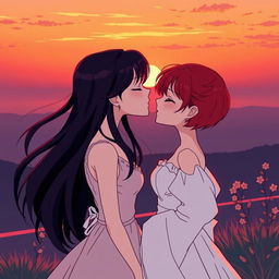In an 80's anime-style sunset scene, two girls are depicted as a romantic couple: one with fair skin and long, flowing black hair styled in a classic 80's anime fashion, dressed in an elegant white dress, and the other with short, vibrant red hair representing her mixed Korean and French heritage, also wearing a beautiful white dress