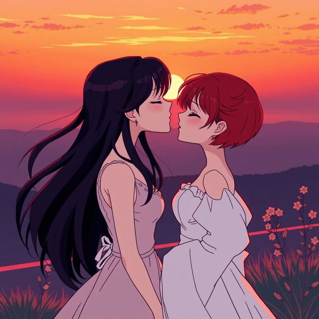 In an 80's anime-style sunset scene, two girls are depicted as a romantic couple: one with fair skin and long, flowing black hair styled in a classic 80's anime fashion, dressed in an elegant white dress, and the other with short, vibrant red hair representing her mixed Korean and French heritage, also wearing a beautiful white dress