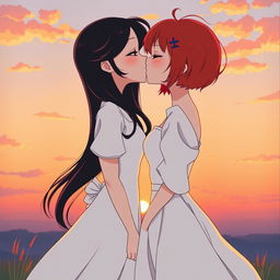 In an 80's anime-style sunset scene, two girls are depicted as a romantic couple: one with fair skin and long, flowing black hair styled in a classic 80's anime fashion, dressed in an elegant white dress, and the other with short, vibrant red hair representing her mixed Korean and French heritage, also wearing a beautiful white dress