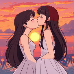 In an 80's anime-style sunset scene, two girls are depicted as a romantic couple: one with fair skin and long, flowing black hair styled in a classic 80's anime fashion, dressed in an elegant white dress, and the other with short, vibrant red hair representing her mixed Korean and French heritage, also wearing a beautiful white dress