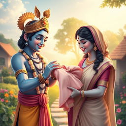 A heartwarming scene of Lord Krishna, depicted with his signature blue skin and ornate golden crown, gracefully handing a baby girl to a beaming man and woman
