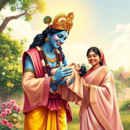 A heartwarming scene of Lord Krishna, depicted with his signature blue skin and ornate golden crown, gracefully handing a baby girl to a beaming man and woman