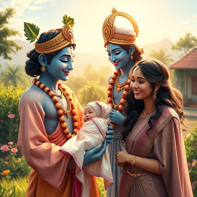 A heartwarming scene of Lord Krishna, depicted with his signature blue skin and ornate golden crown, gracefully handing a baby girl to a beaming man and woman