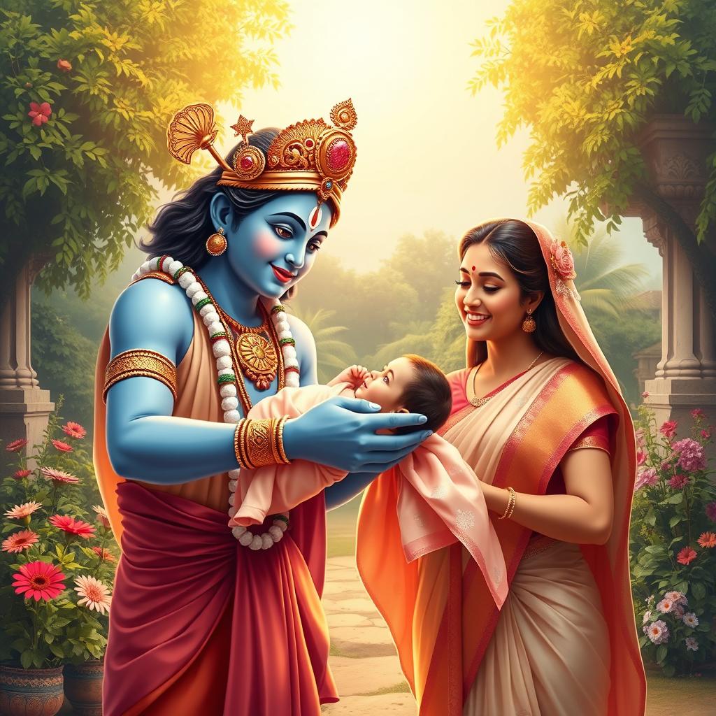 A heartwarming scene of Lord Krishna, depicted with his signature blue skin and ornate golden crown, gracefully handing a baby girl to a beaming man and woman