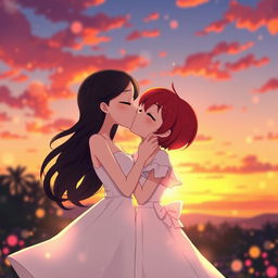 In a charming animated sunset scene, two girls are shown as a loving couple: one with fair skin and flowing black hair, wearing a stylish white dress, and the other featuring short, vibrant red hair, reflecting her mixed Korean and French heritage, also dressed in a beautiful white dress