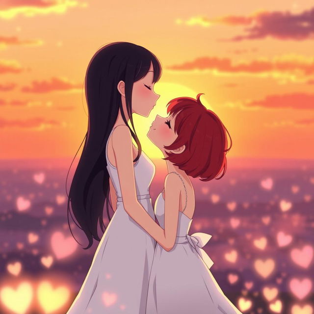 In a charming animated sunset scene, two girls are shown as a loving couple: one with fair skin and flowing black hair, wearing a stylish white dress, and the other featuring short, vibrant red hair, reflecting her mixed Korean and French heritage, also dressed in a beautiful white dress