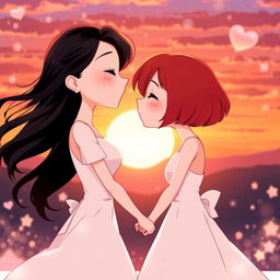 In a charming animated sunset scene, two girls are shown as a loving couple: one with fair skin and flowing black hair, wearing a stylish white dress, and the other featuring short, vibrant red hair, reflecting her mixed Korean and French heritage, also dressed in a beautiful white dress