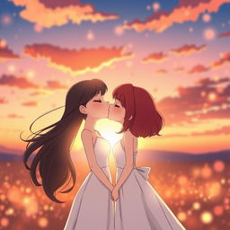 In a charming animated sunset scene, two girls are shown as a loving couple: one with fair skin and flowing black hair, wearing a stylish white dress, and the other featuring short, vibrant red hair, reflecting her mixed Korean and French heritage, also dressed in a beautiful white dress