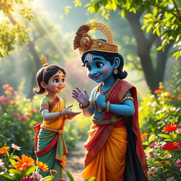 A charming scene depicting Lord Krishna, with his iconic blue skin and ornate golden crown, engaged in a friendly conversation with a young Hindu girl dressed in a colorful traditional saree