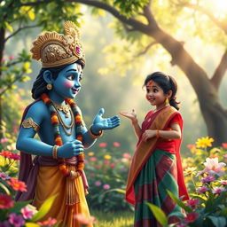 A charming scene depicting Lord Krishna, with his iconic blue skin and ornate golden crown, engaged in a friendly conversation with a young Hindu girl dressed in a colorful traditional saree