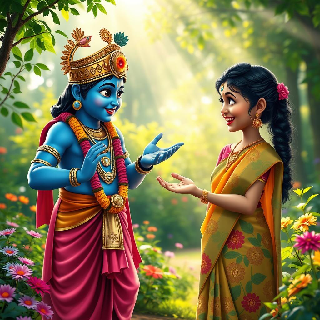 A charming scene depicting Lord Krishna, with his iconic blue skin and ornate golden crown, engaged in a friendly conversation with a young Hindu girl dressed in a colorful traditional saree