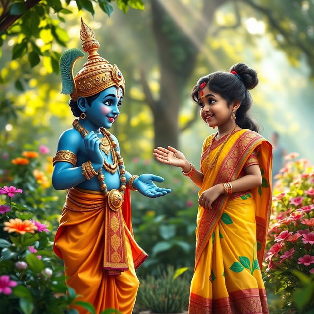 A charming scene depicting Lord Krishna, with his iconic blue skin and ornate golden crown, engaged in a friendly conversation with a young Hindu girl dressed in a colorful traditional saree