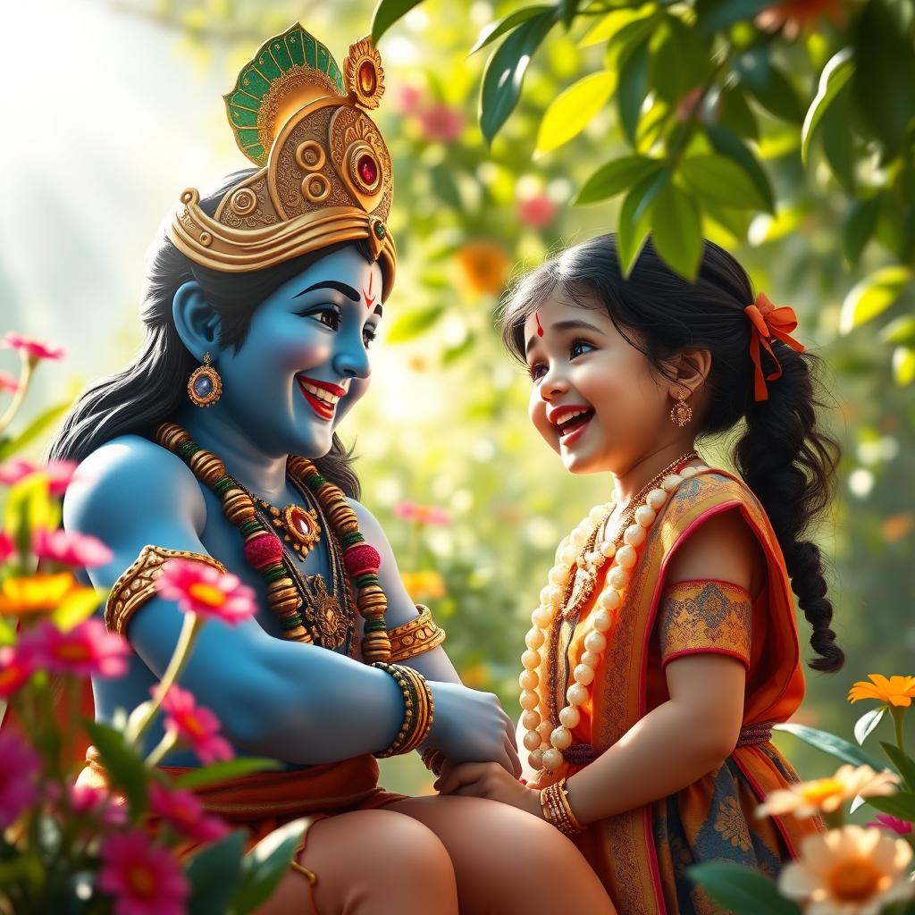 A joyous scene depicting Lord Krishna, characterized by his enchanting blue skin and elaborate golden crown, laughing heartily with a young girl