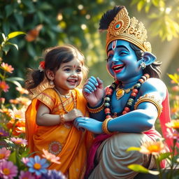 A joyous scene depicting Lord Krishna, characterized by his enchanting blue skin and elaborate golden crown, laughing heartily with a young girl