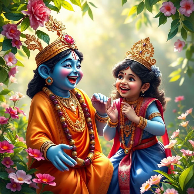 A joyous scene depicting Lord Krishna, characterized by his enchanting blue skin and elaborate golden crown, laughing heartily with a young girl