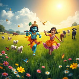 A vibrant scene capturing Lord Krishna with his iconic blue skin and intricate attire, joyfully running through a lush green field alongside a young girl