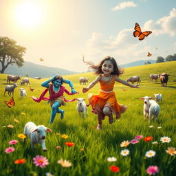 A vibrant scene capturing Lord Krishna with his iconic blue skin and intricate attire, joyfully running through a lush green field alongside a young girl