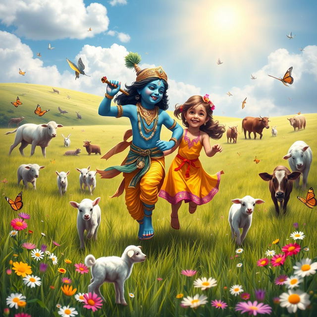 A vibrant scene capturing Lord Krishna with his iconic blue skin and intricate attire, joyfully running through a lush green field alongside a young girl