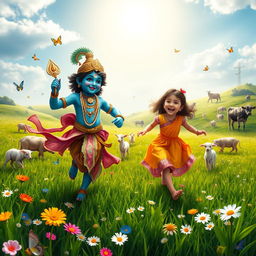 A vibrant scene capturing Lord Krishna with his iconic blue skin and intricate attire, joyfully running through a lush green field alongside a young girl