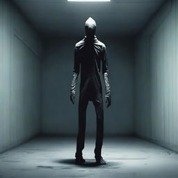 Generate a high-detail, chilling depiction of SCP-096, known as the 'Shy Guy', standing desolate in a stark, suspenseful setting, its nightmarish lanky form keeping its hands to its face